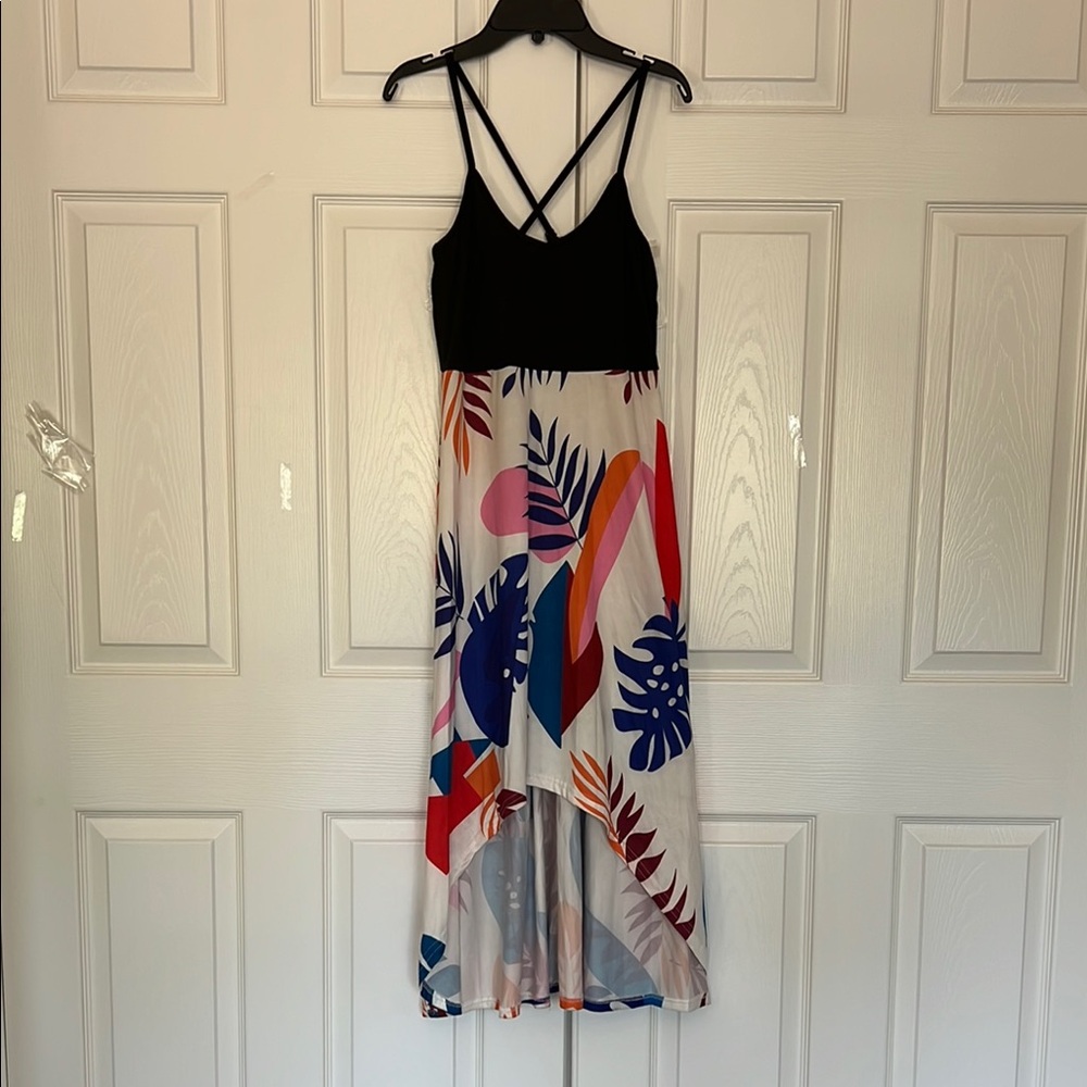 Black Top and White Skirt w/ Colorful Pattern High-Low Strappy High Low Sundress